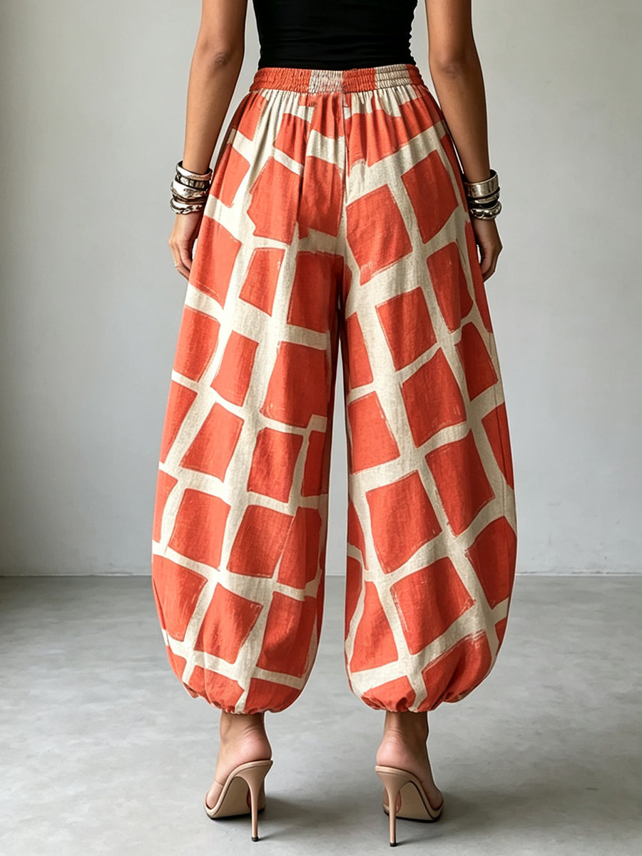 Abstract Geometric Print Linen Harem Jogger Pants