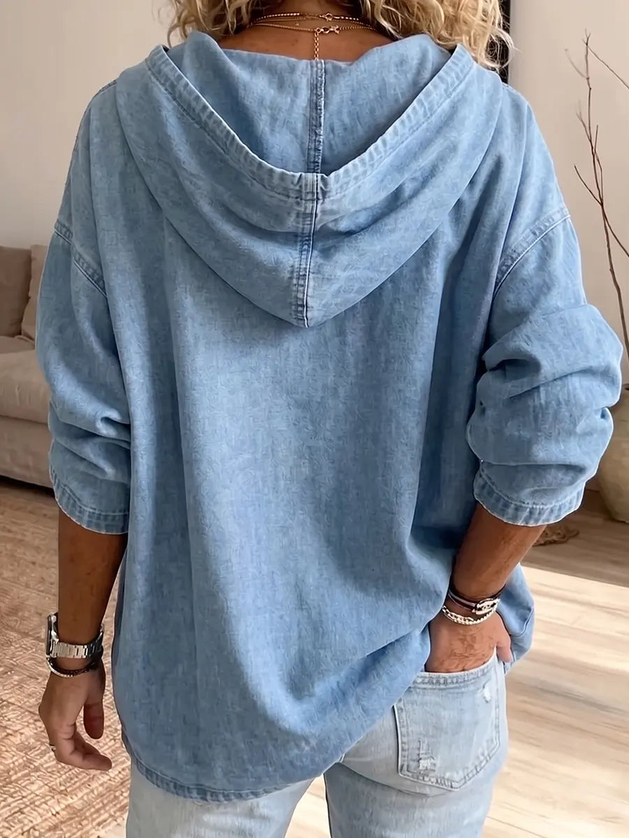 Casual Oversized Denim Drawstring Hoodie Pullover