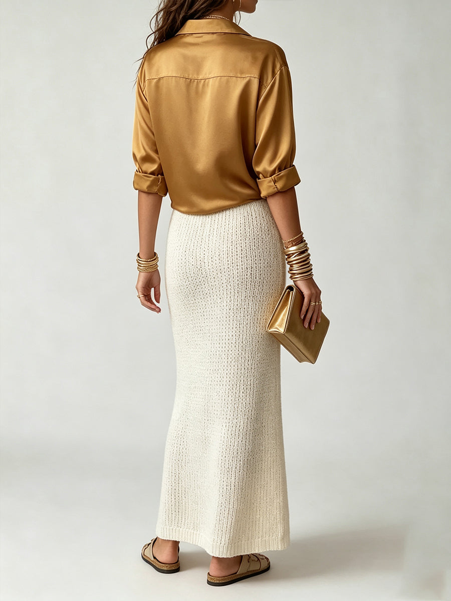 Luxe Satin Shirt & Knit Slip Maxi Dress Two-Piece Set