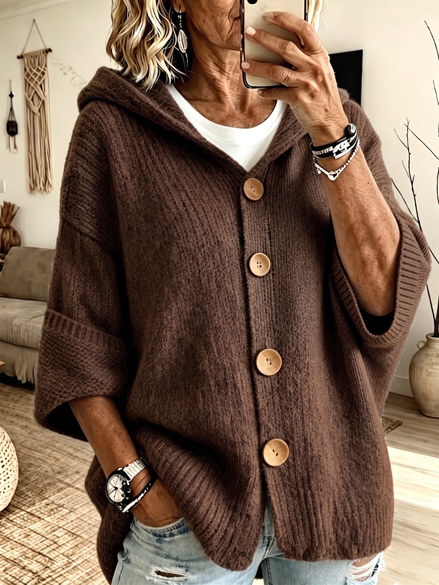 Comfortable Oversized Hooded Batwing Knit Cardigan