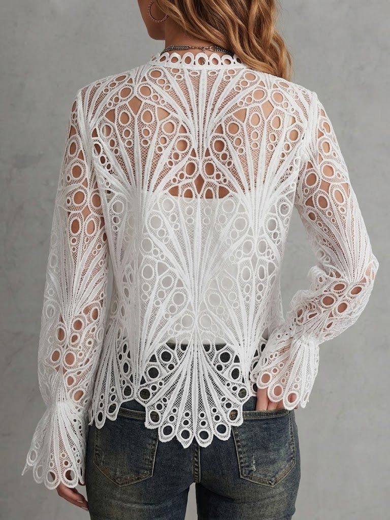 Cropped V-neck Cardigan In Water-soluble Cut-out Lace With Flared Long Sleeves