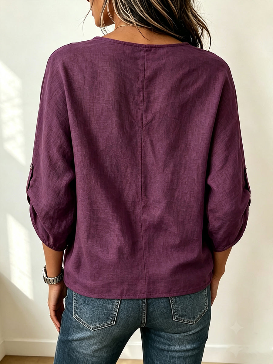 Vintage Purple Linen Blend Knotted V-Neck Blouse