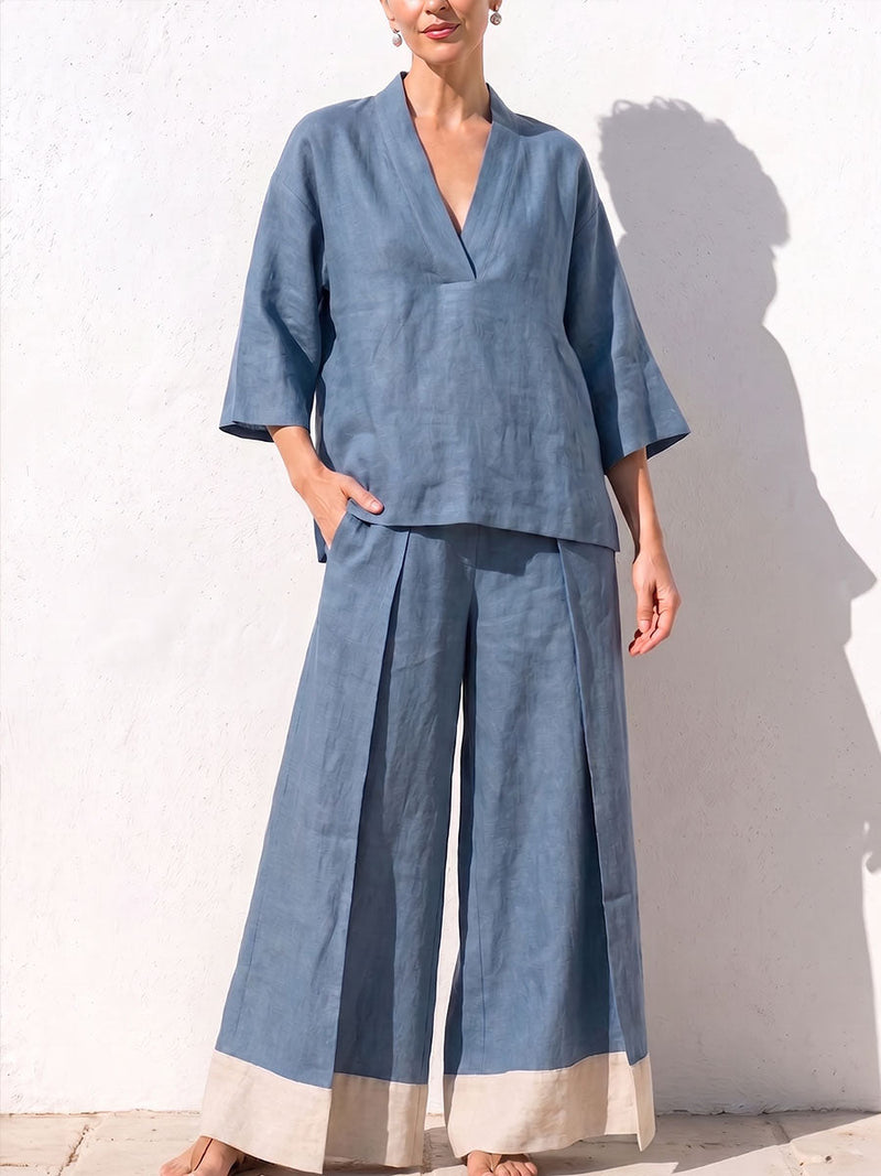 Women's V-neck 3/4 Sleeve Casual Loose Cotton Linen Top High-waisted Casual Loose Color-blocked Wide-leg Pants Cotton Linen Set