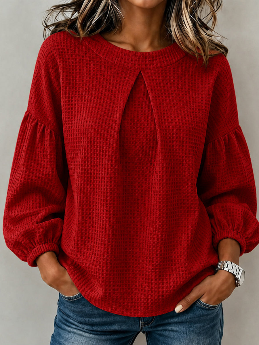 Waffle Textured Pleated Neck Bubble Sleeve Blouse