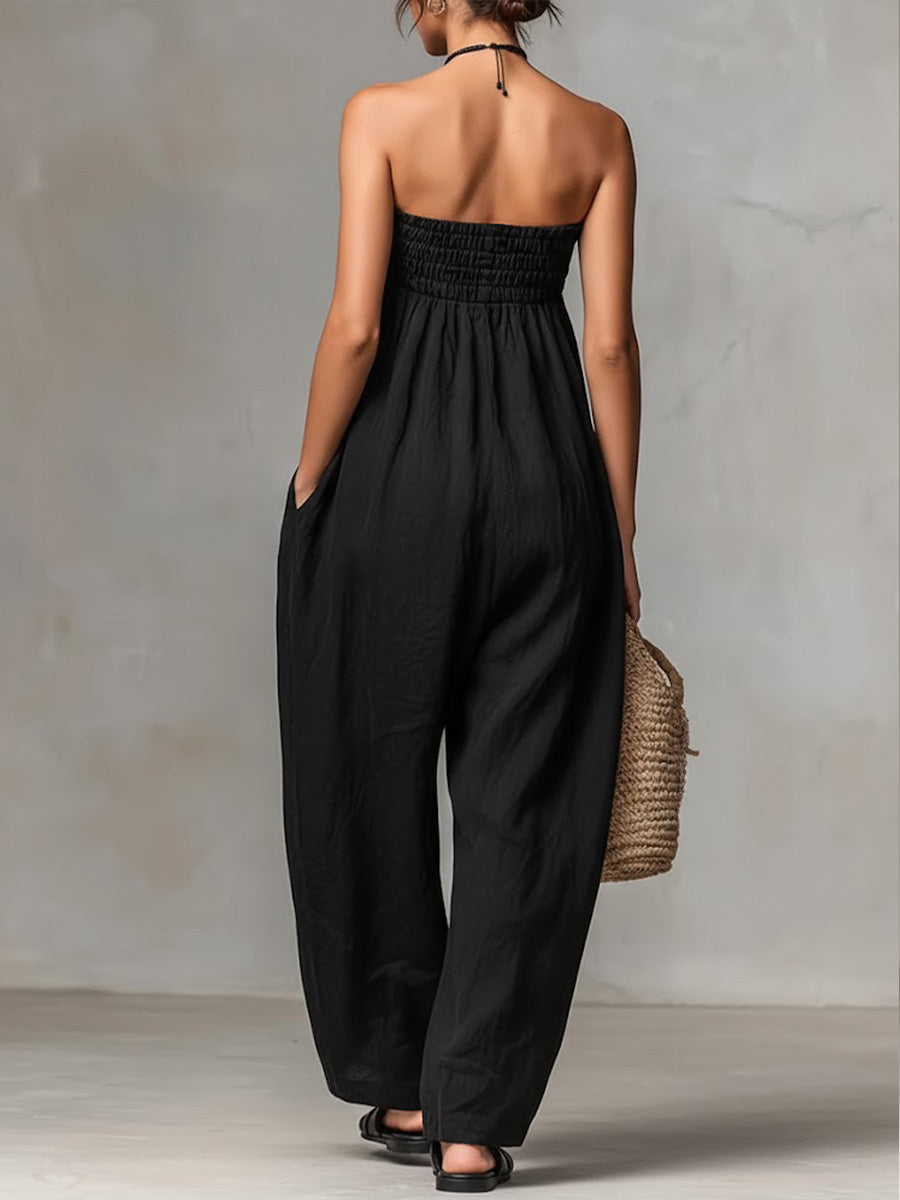 Women's Solid Color Strapless Casual Loose Cotton And Linen Jumpsuit