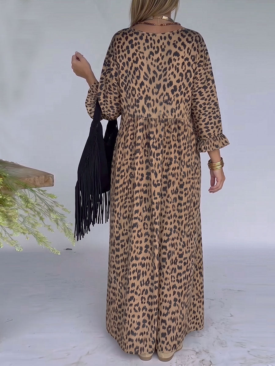 Women's Leopard Print V-neck Long Sleeve Casual Loose A-line Dress
