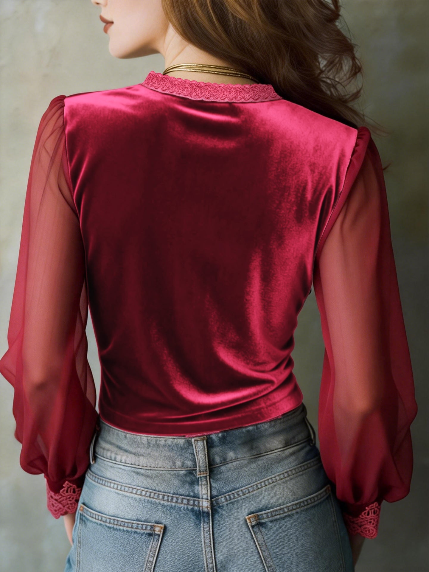 Stylish And Cozy Slim-fit Velvet Top With Lace Paneling