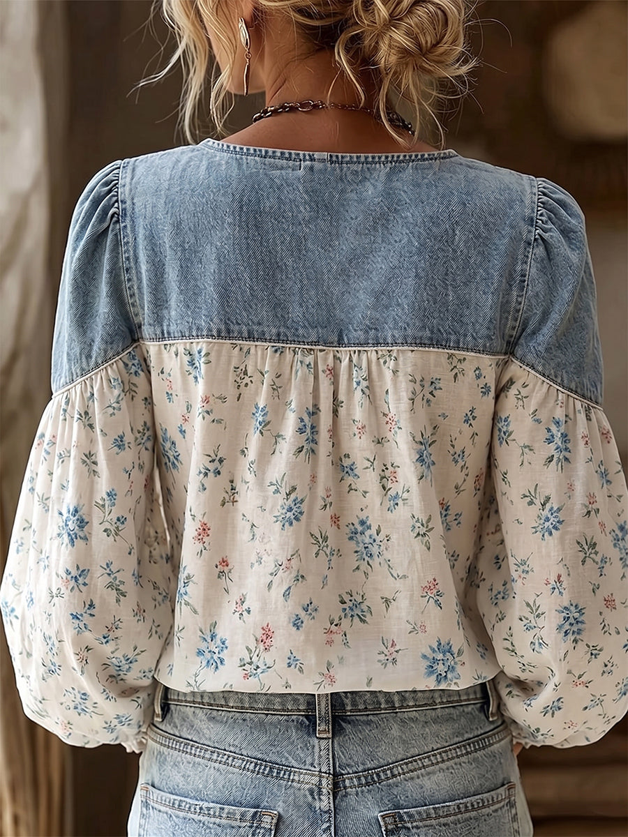 Boho-Chic Floral Paneling Denim Blouse