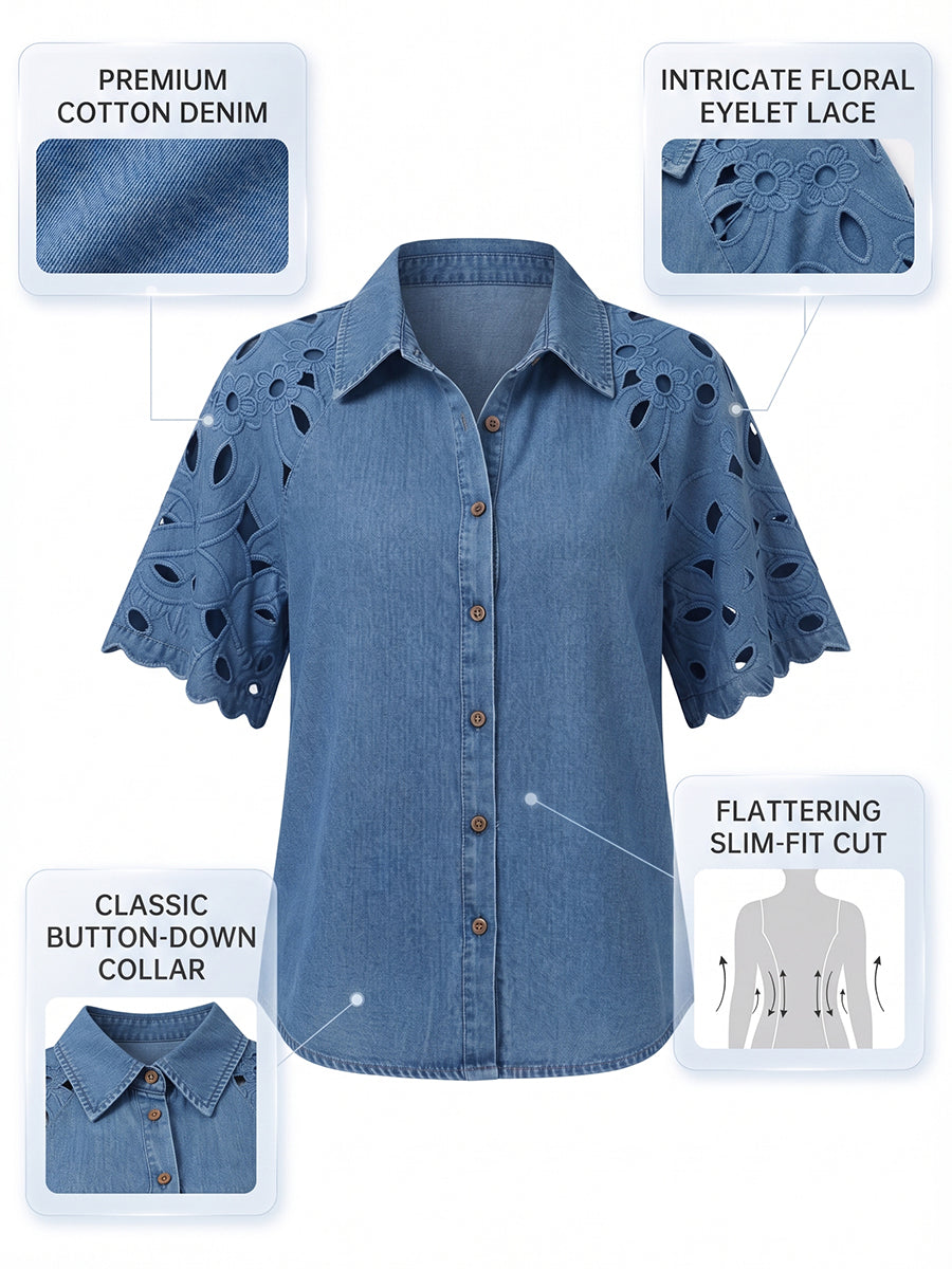 Vintage-style Denim Shirt With Cutout Floral Lace Paneling