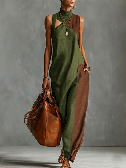 Fashionable Color-blocked Linen-cotton Maxi Dress