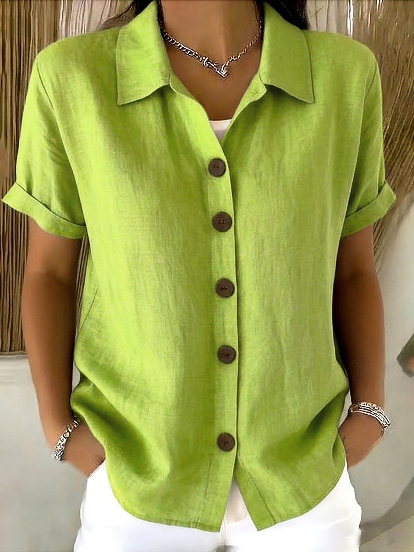 Casual Cozy Basic Button-up Linen-cotton Short-sleeved Shirt