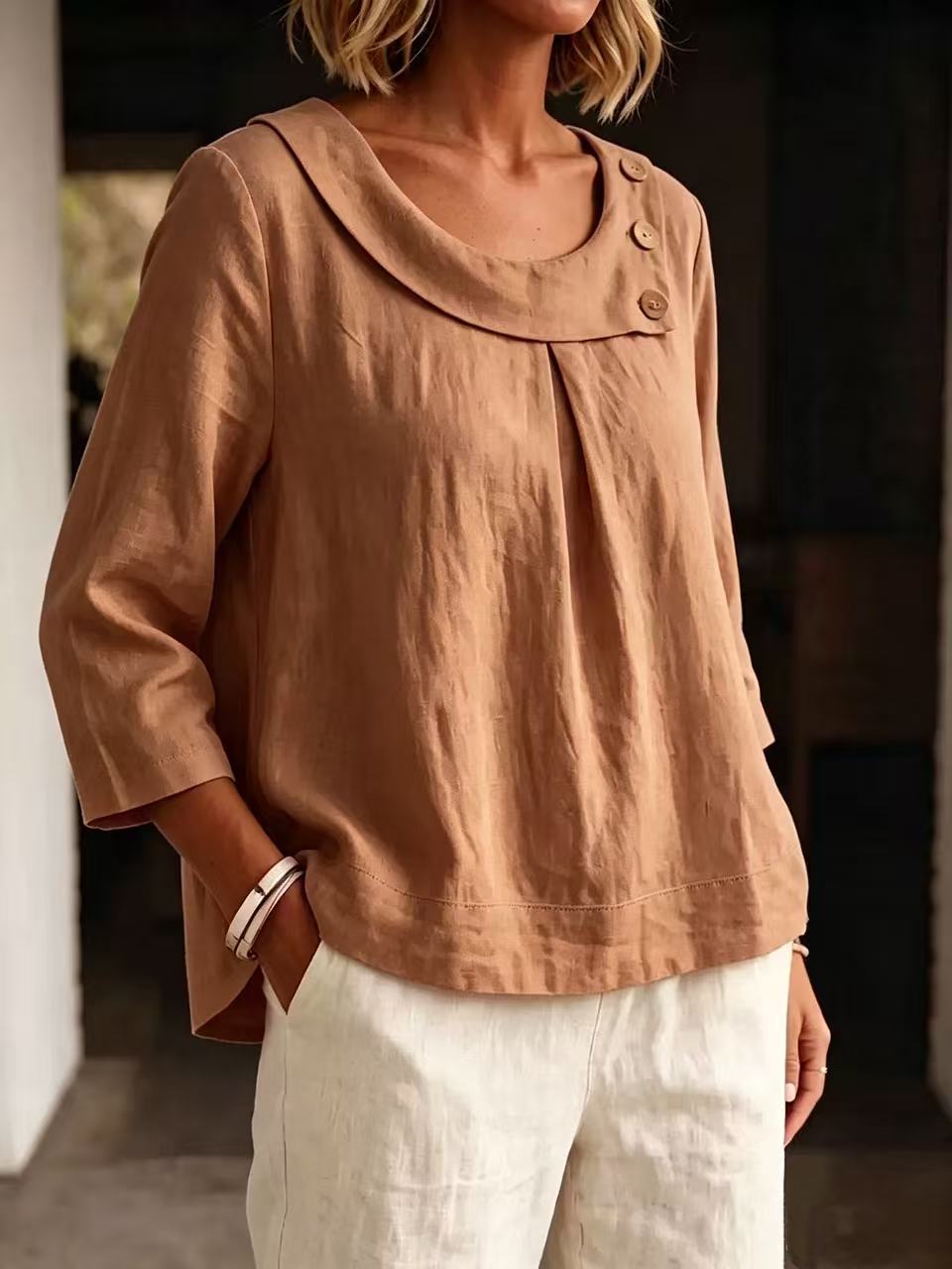 Asymmetrical Button Collar Linen Three-Quarter Sleeve Blouse