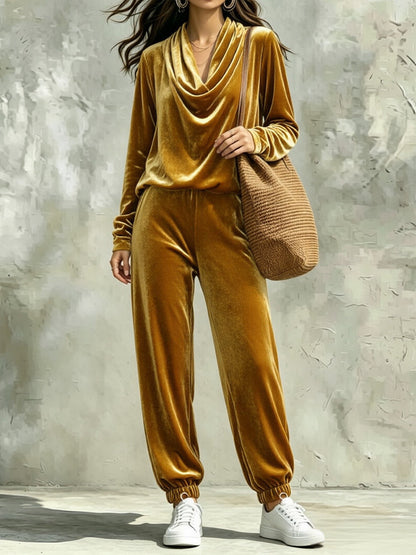 Comfortable And Casual Velvet Cowl-neck Top And Trousers Two-piece Set