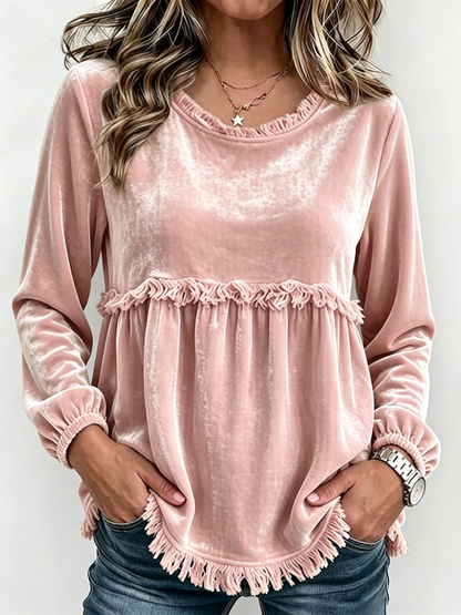 Round Neck Fringe Trim Spliced Velvet Lantern Long Sleeve Babydoll Top