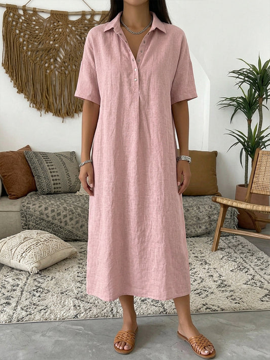 Casual Polo Collar Linen And Cotton Short-sleeved Dress