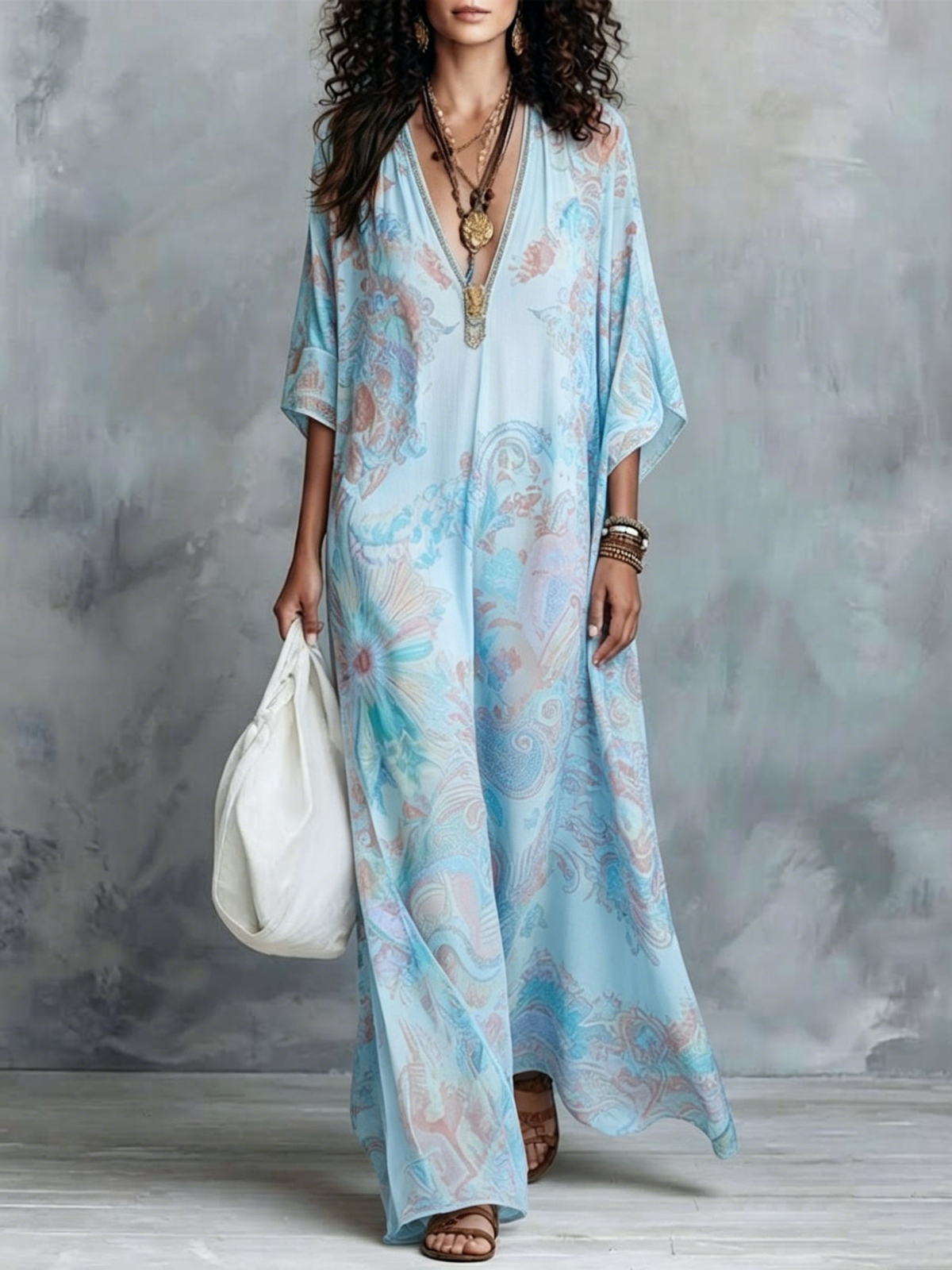 Boho Vintage Print V-neck Oversized Batwing Sleeve Vacation Kaftan Maxi Dress