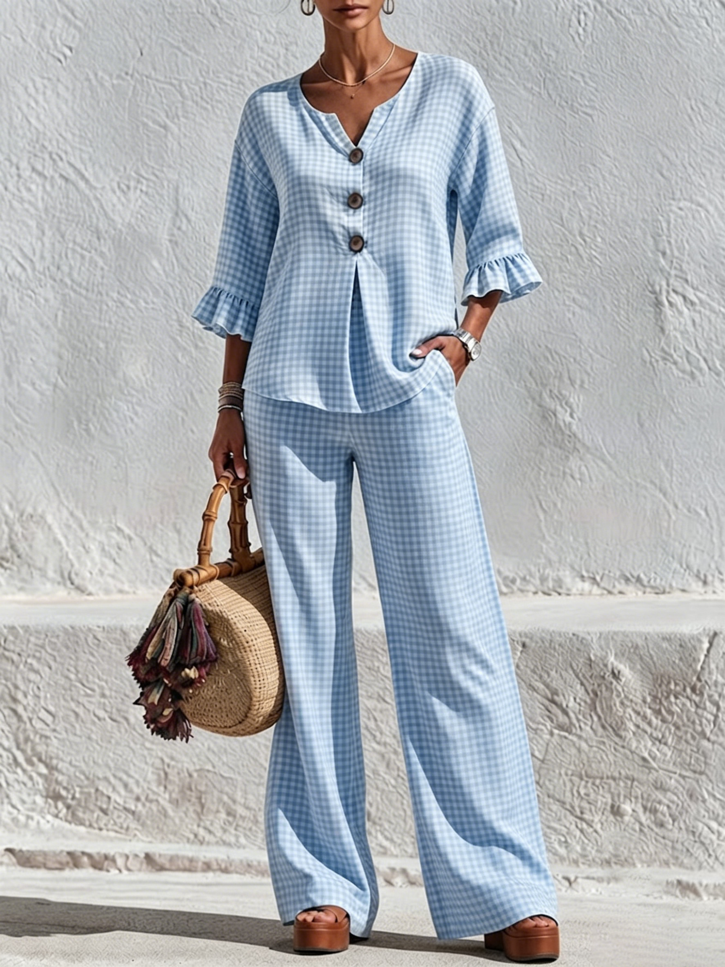 Two-piece Set Featuring A Plaid V-neck Top With Wooden Buttons And Ruffled Three-quarter Sleeves, Paired With Wide-leg Trousers
