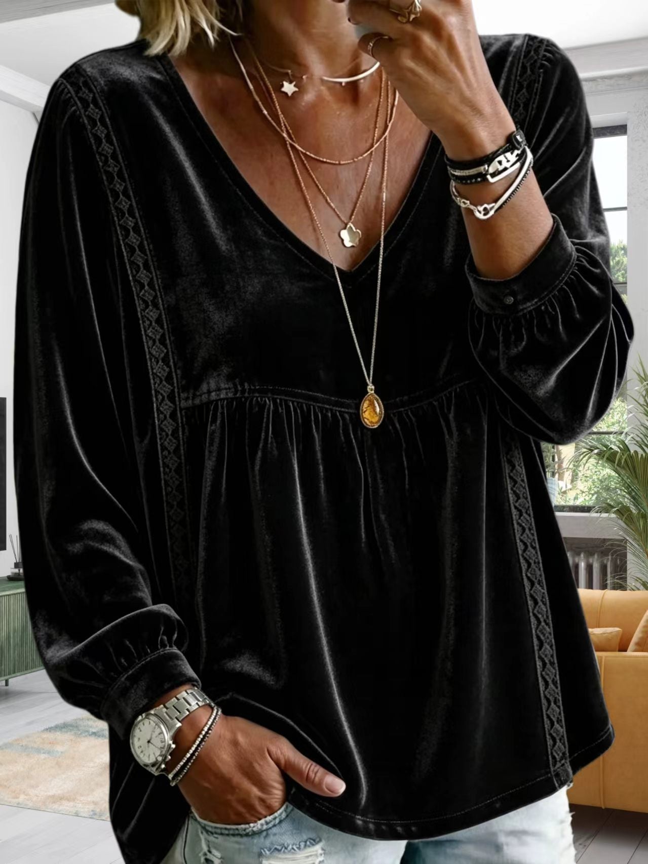 Cozy Velvet Top With Lace Paneling