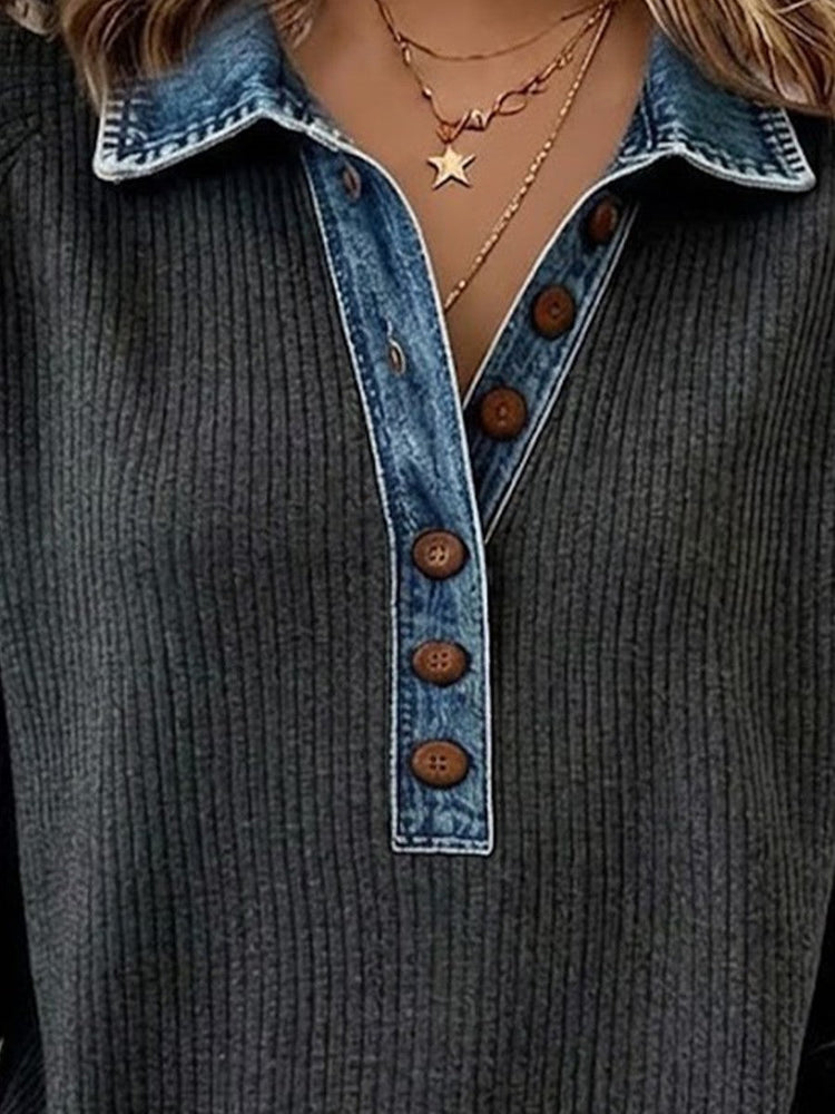 Denim Collar Half Button Vertical Rib Knit Spliced Long Sleeve Top