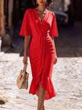 Elegant V-neck Fishtail Midi Dress For Parties And Evenings