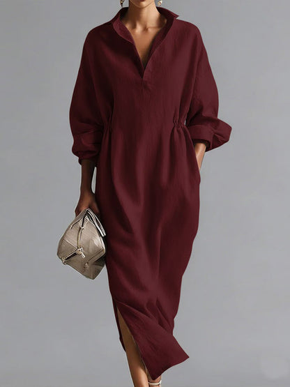 Women's Solid Color Lapel Long-sleeved Casual Loose Cotton Dress