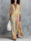 Boho Vintage Print V-neck Oversized Batwing Sleeve Vacation Kaftan Maxi Dress