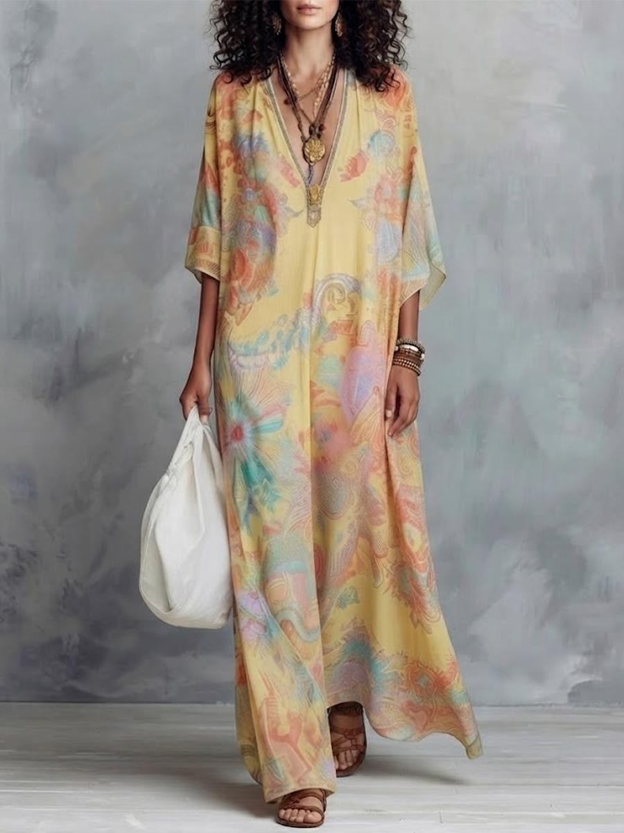 Boho Vintage Print V-neck Oversized Batwing Sleeve Vacation Kaftan Maxi Dress