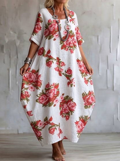 Bohemian Floral Print Silhouette Two-way Cotton-linen Dress