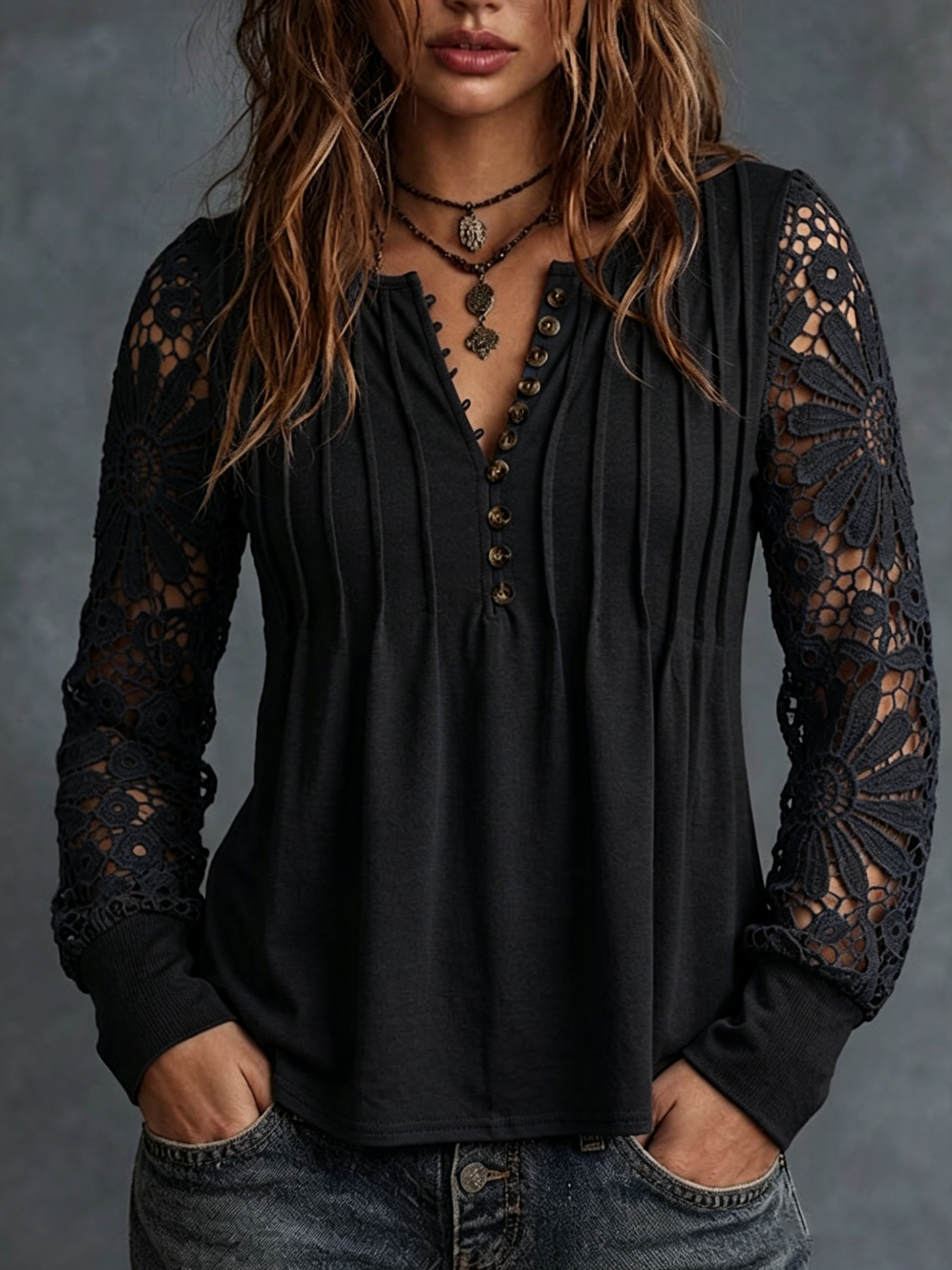 Solid-color Long-sleeve V-neck Pleated Top With Lace Cutouts