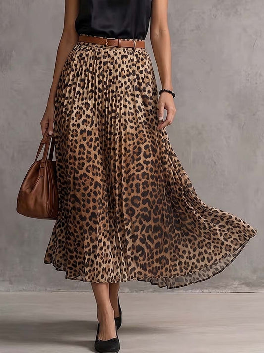 Women's Leopard Print High-waisted Casual Loose A-line Chiffon Midi Skirt
