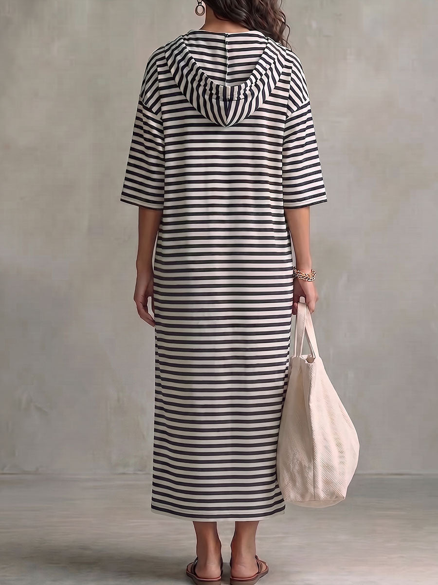 Women's Striped Print Collared Hooded 3/4 Sleeve Casual Loose Cotton Dress