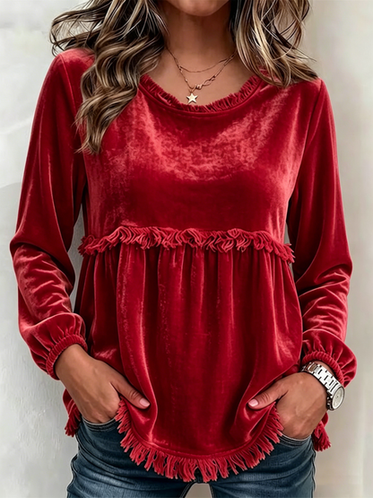 Round Neck Fringe Trim Spliced Velvet Lantern Long Sleeve Babydoll Top