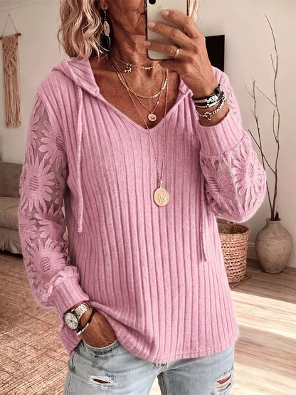 Solid-color Hooded Long-sleeve Lace-knit Top With Cut-out Details