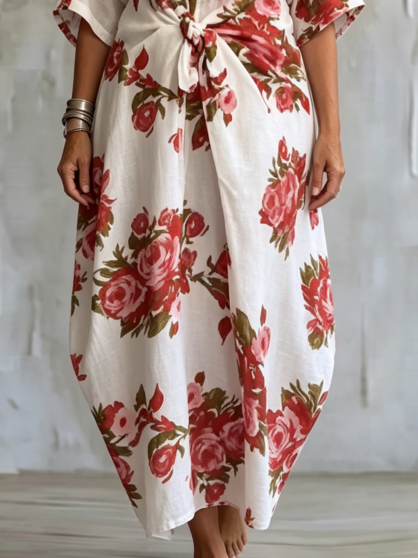 Bohemian Floral Print Silhouette Two-way Cotton-linen Dress