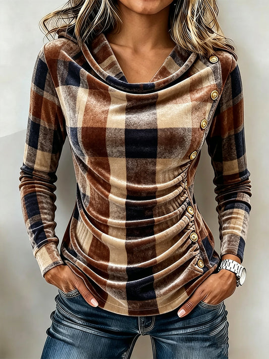 Elegant Plaid Velvet Ruched Top