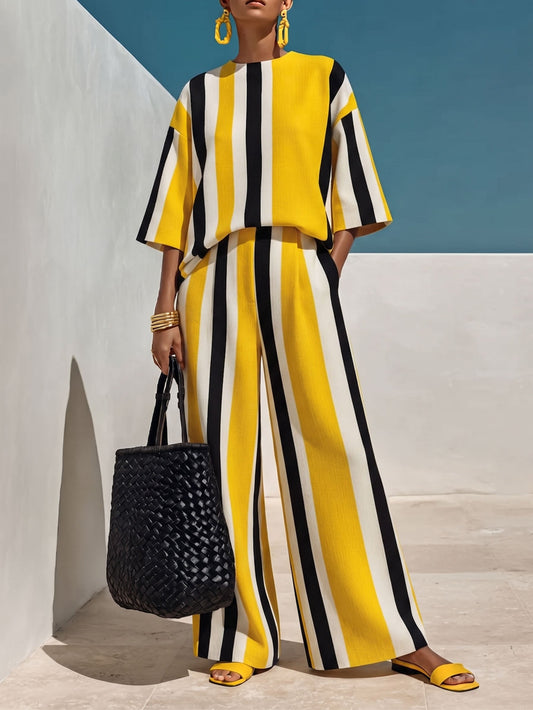 Vibrant Resort Striped Top And Wide-leg Pants Set