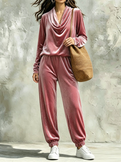 Comfortable And Casual Velvet Cowl-neck Top And Trousers Two-piece Set