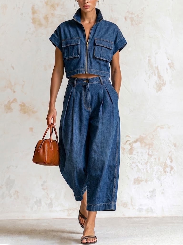 Casual Utility-style Zip-up Denim Top And Jeans Two-piece Set
