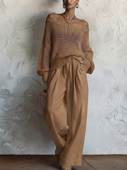 Two-piece Set: Open-knit Top And Cotton-linen Trousers