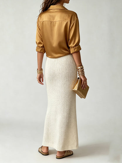 Luxe Satin Shirt & Knit Slip Maxi Dress Two-Piece Set