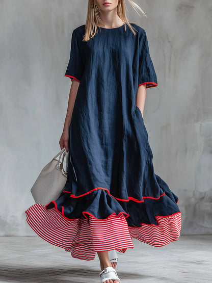 Casual Patchwork Red Striped Short-sleeved Dress