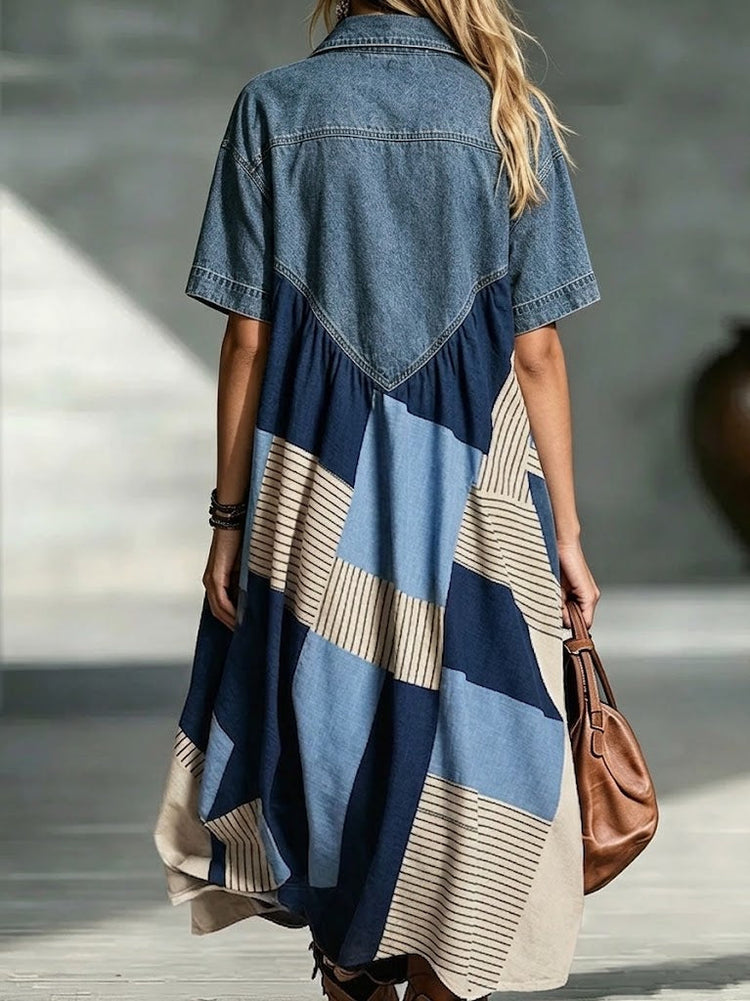 Denim Collar Geometric Patchwork Stripe Loose Short Sleeve Maxi Dress