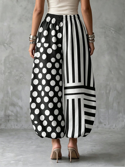 Contrast Polka Dot Stripe Linen Drawstring Harem Midi Pants
