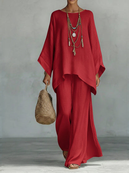 Women's Cozy, Loose-fitting Linen And Cotton Top And Wide-leg Pants Two-piece Set.