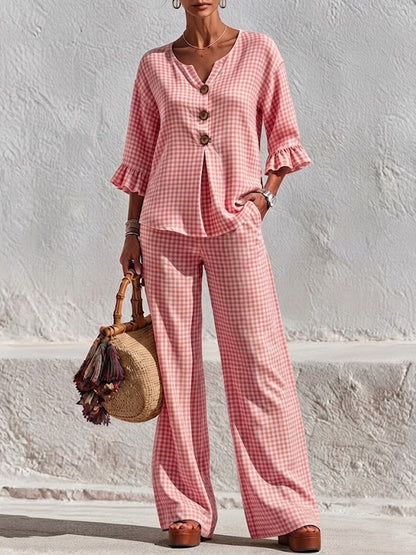 Two-piece Set Featuring A Plaid V-neck Top With Wooden Buttons And Ruffled Three-quarter Sleeves, Paired With Wide-leg Trousers