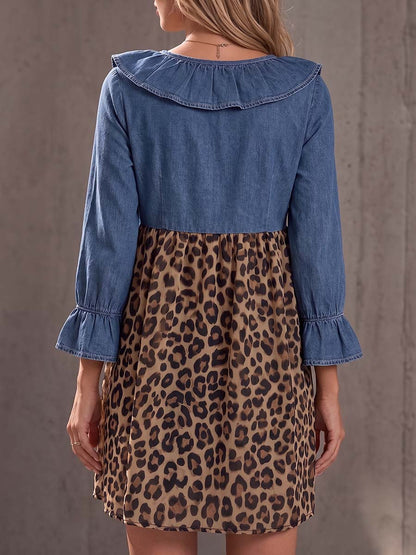Women's Ruffled V-neck Three-quarter sleeve Casual Loose Denim Patchwork Leopard Print Top