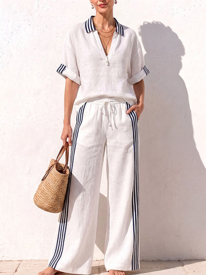 Women's Pullover Collar Short-sleeved Casual Loose Top And High-waisted Wide-leg Pants Cotton And Linen Set