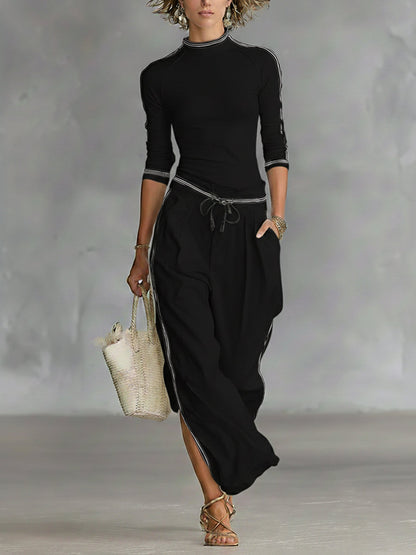 Cozy Stretch Knit Top And Cotton Trousers Two-piece Set