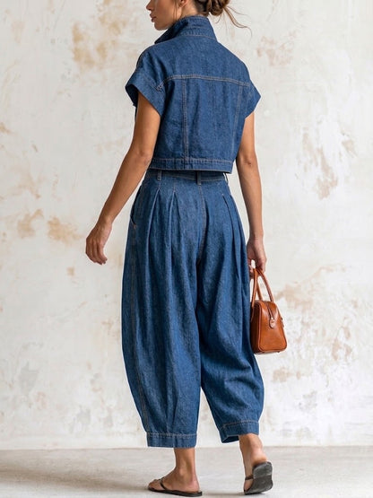 Casual Utility-style Zip-up Denim Top And Jeans Two-piece Set