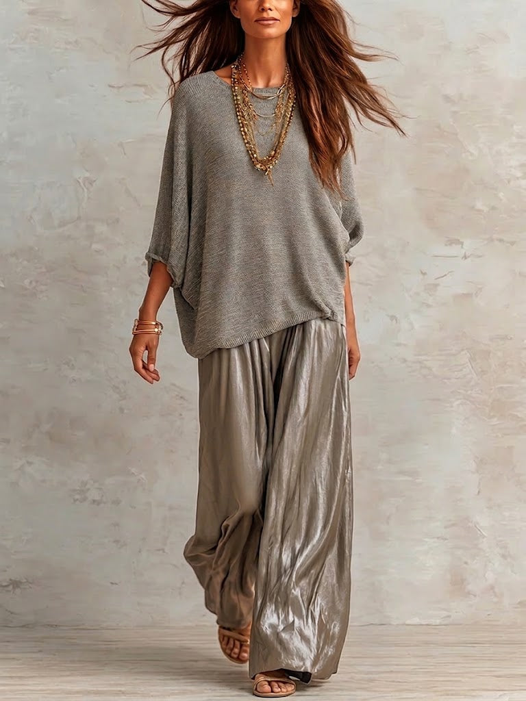 Two-piece Set Featuring A Relaxed-fit Knit Top And Glossy Trousers.